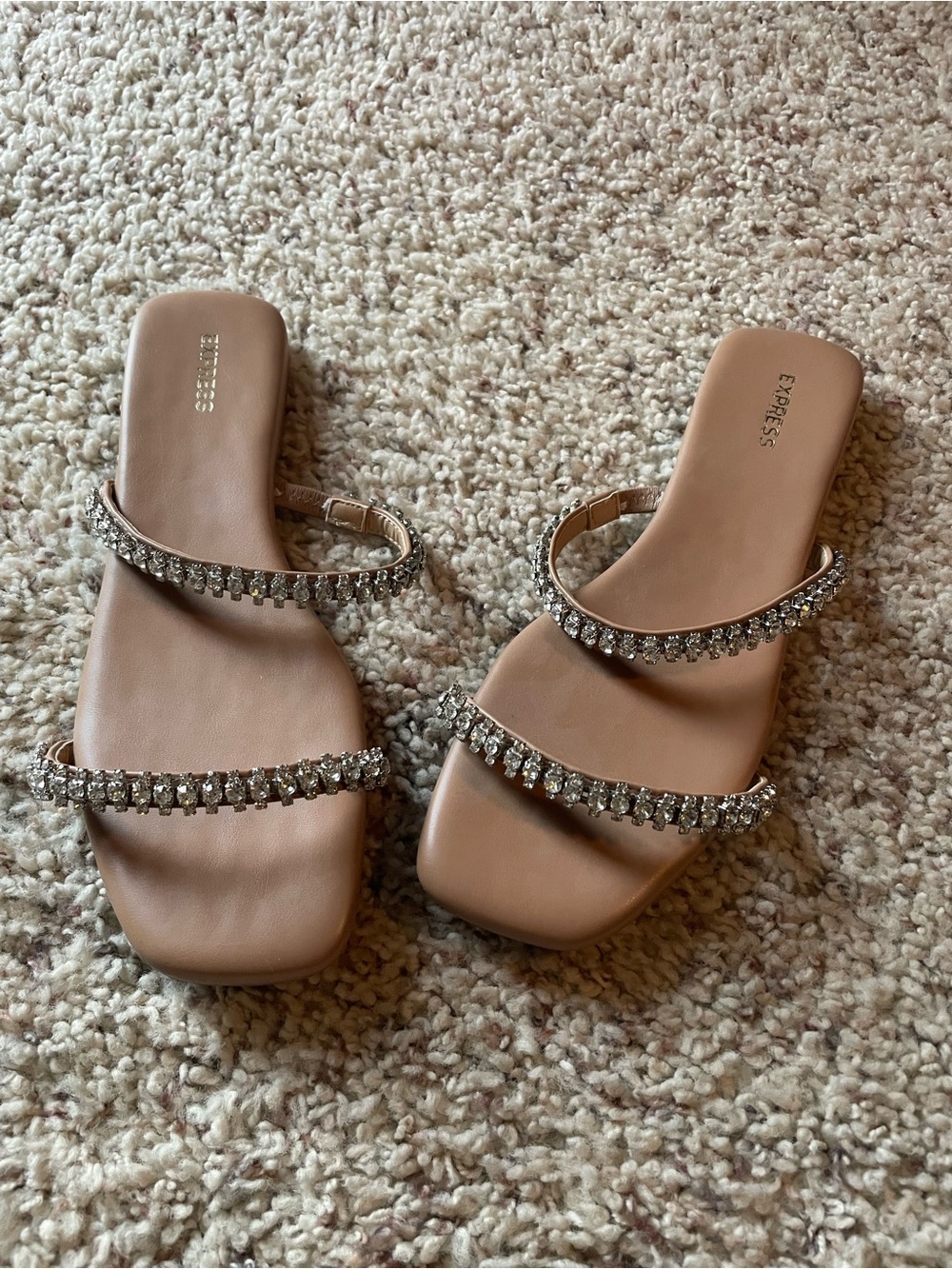 Express Nude Rhinestone Double-Strap Slide Sandals